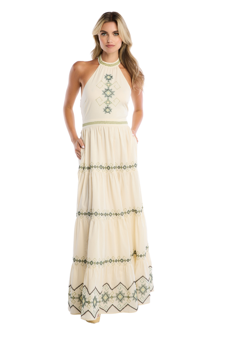 EMBROIDERED MILEY HALTER DRESS