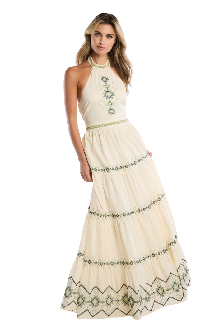 EMBROIDERED MILEY HALTER DRESS