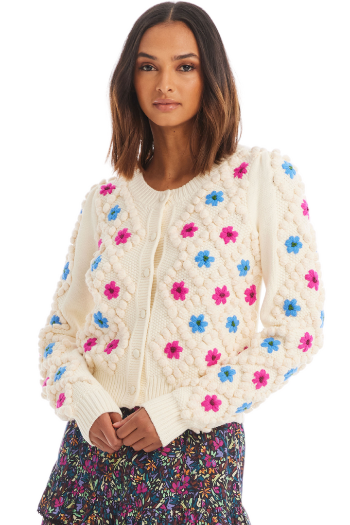 EMBROIDERED POM CARDIGAN