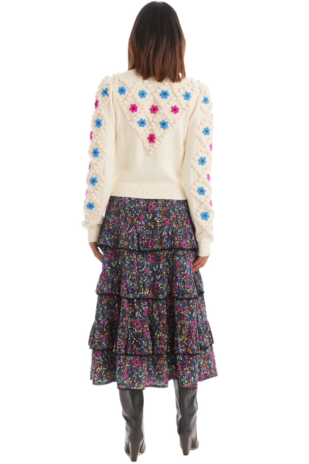 EMBROIDERED POM CARDIGAN