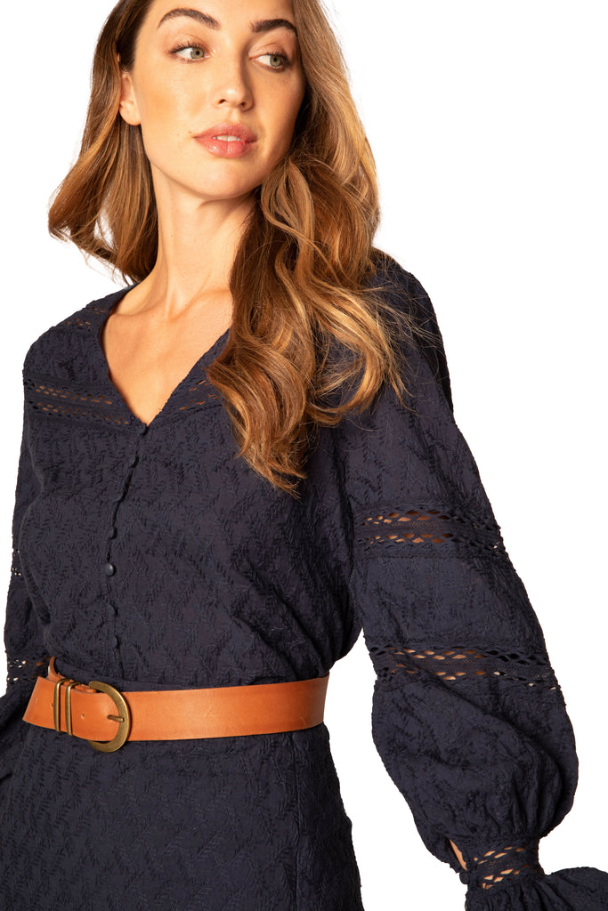 EMBROIDERED LACE INSERT BLOUSE - INDIGO
