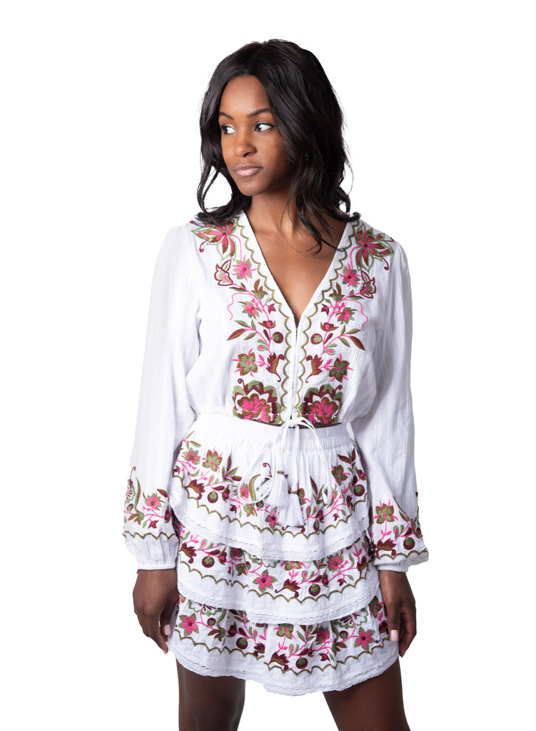 FLORAL EMBROIDERED CROP BLOUSE - WHITE